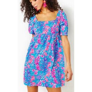 Lilly Pulitzer Delaney Dress Size 4 Puff Short Sleeve Blue Pink Floral Beach